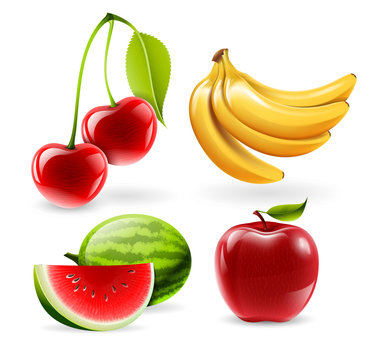 Vector fruit set - watermelon, apple, cherries and bananas