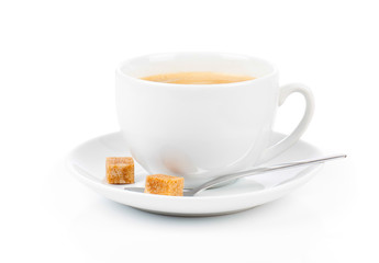 Coffee cup with lump sugar, isolated on white