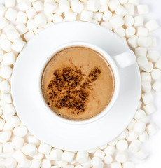 Hot chocolate in white Cup powdered cocoa with  many plump mini