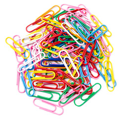 Colored paper clips. Isolated on white background