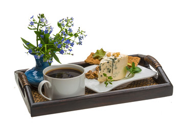 Breakfast with coffee, and cheese