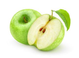 Isolated  apples. One whole green apple with leaf and a half isolated on white background