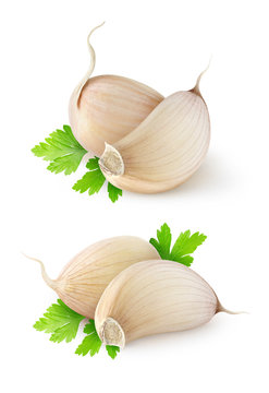 Isolated garlic. Two images of garlic segments with parsley leaf isolated on white background