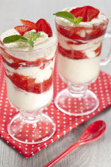 Dessert with fresh strawberries whipped cream and mint