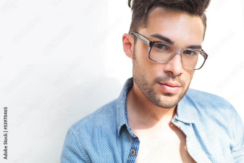 Poster closeup of casual man with opened shirt