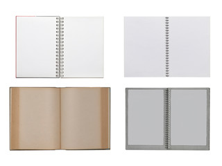 Collection of various open notebooks isolated on white