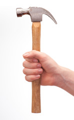 isolated caucasian young hand gripping a hammer