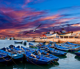 Blue fishing boats on an ocean coast in Essaouira, Morocco - obrazy, fototapety, plakaty