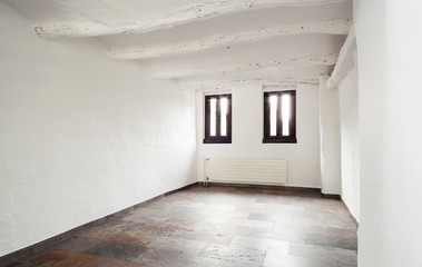 interior rustic house, room with two small windows