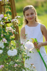 Summer garden,  girl watering roses with garden hose
