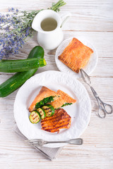 grilled steaks with puff pastry bag and zucchini