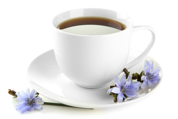 Cup of tea with chicory, isolated on white