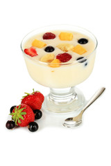 Delicious yogurt with fruit isolated on white