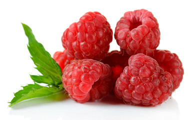 Ripe sweet raspberries isolated on white