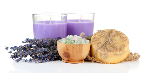 Lavender candle with soap and fresh lavender, isolated on white