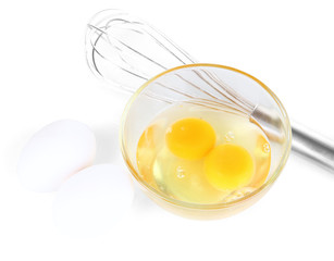 Corolla, flour and broken eggs isolated on white