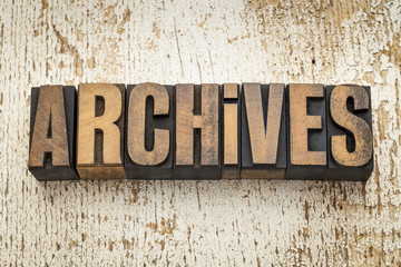 archives word in wood type - obrazy, fototapety, plakaty