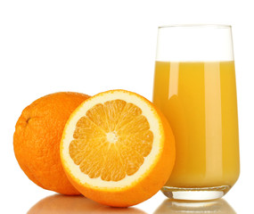 Delicious orange juice in glass and oranges next to it isolated