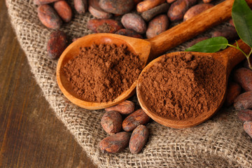 Cocoa powder in spoons and cocoa beans on wooden background