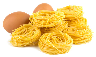 Italian egg pasta nest isolated on white background