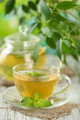 Teapot and cup of herbal tea with fresh mint flowers