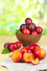 Ripe plums in bowl on wooden table on natural background