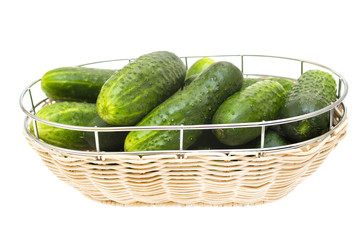 Fresh green cucumber in a wicker plate, isolated on white backgr