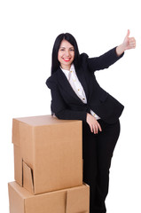 Woman with lots of boxes on white