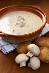 Bowl with creamy mushroom soup and fresh food ingredients.