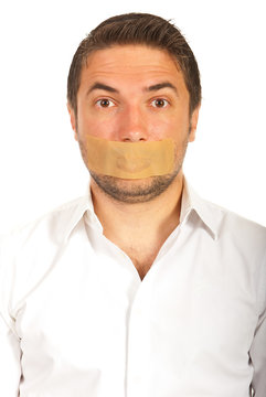 Man with duct tape over mouth