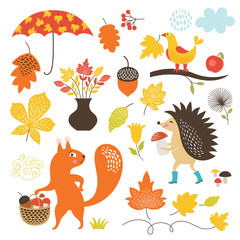 Cartoon animals and autumnal elements, vector set