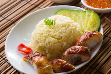  hainan chicken rice , singapore food with materials as backgrou
