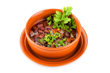 Bowl of mexican chili kidney bean soup with meat