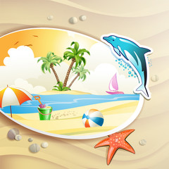 Fototapeta na wymiar Summer beach with palm trees and dolphin