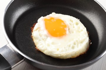 Close-up of fried egg on frying pan.