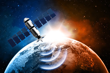 Naklejka premium planet earth and satellite transmission data in space