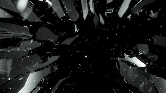 Cracked and Shattered black glass with slow motion. Alpha