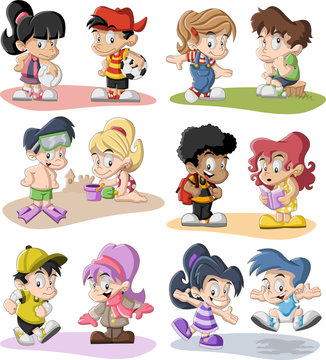 Group of happy cartoon children playing