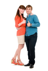 Young love couple showing thumbs up