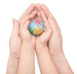 mom and child handing a globe white background