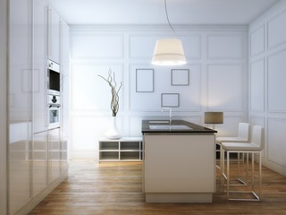 Beige Hi-Tech Kitchen With Bar and lighter