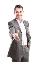 A business man with an open hand ready to seal a deal