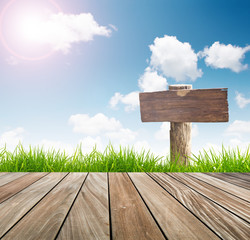 Wood sign ,fresh spring green grass with blue sky and wooden flo