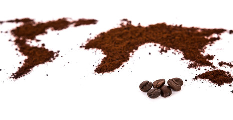 World map made of coffee on white background