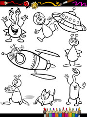 Aliens Cartoon Set for coloring book