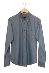 A blue denim shirt is on clothes-hanger.