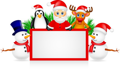 santa claus with friends and blank sign
