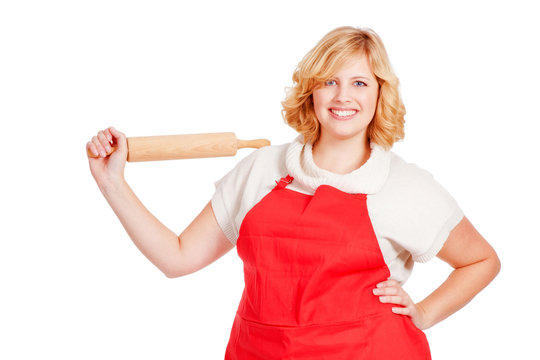 Young Woman With Apron And Rolling Pin