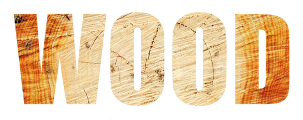 The word 'wood' in wooden letters on white