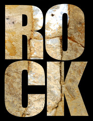 The word 'rock' in rock stone letters on black